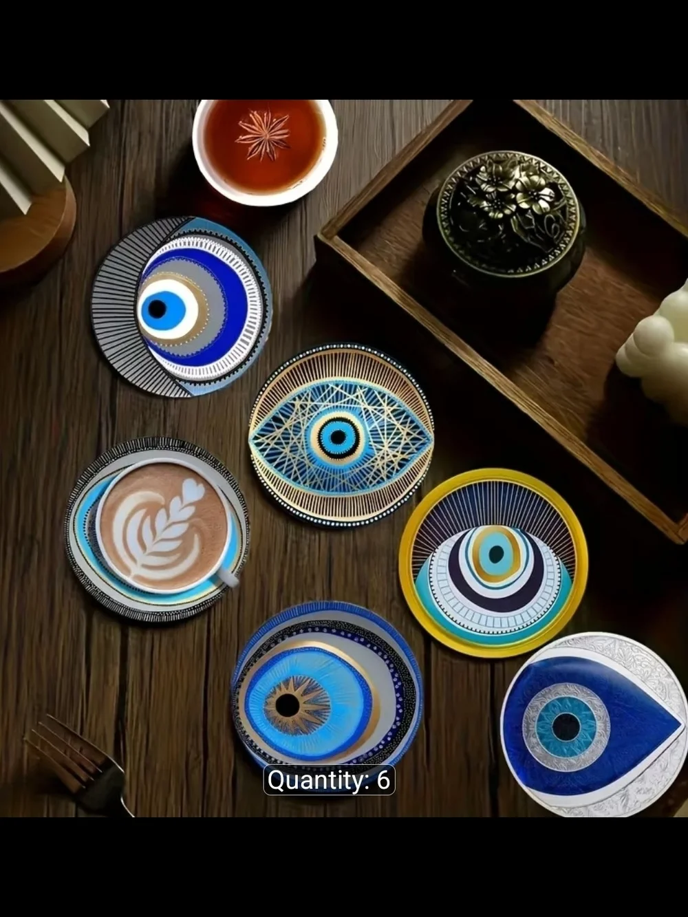 a Set of 6 Colorful Wooden Coasters with Eye Designs
